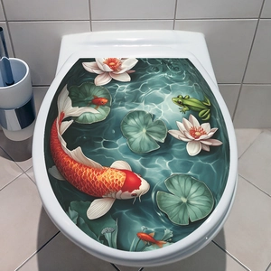 3D lotus pond toilet seat sticker with koi fish and green leaves for bathroom decor