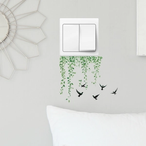 Cartoon green vine leaves and black birds wall stickers for light switch decoration