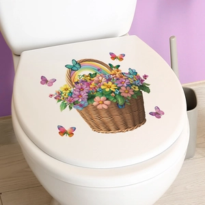 Waterproof toilet lid sticker featuring a colorful flower basket and butterflies