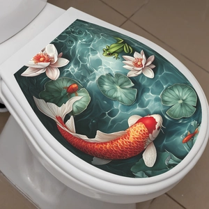 Detail of 3D lotus pond and koi carp self-adhesive toilet seat sticker in a bathroom