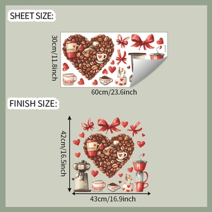Creative coffee bean heart wall sticker showing sheet size and finished effect details