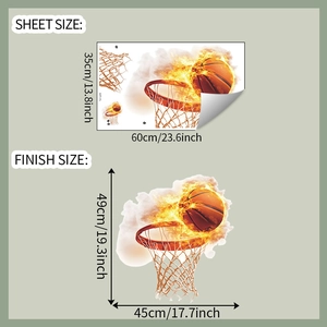 Detail showing dimensions of flaming basketball wall sticker from 35x60cm to 49x45cm