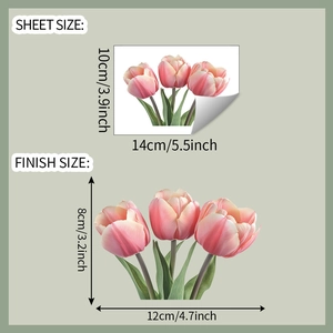 Größentabelle für Wandaufkleber mit rosa Tulpen und detaillierten Maßangaben im Detail