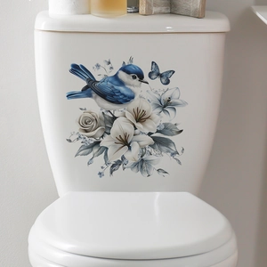 Sticker adhésif de salle de bain avec oiseau bleu, papillon, lys blancs et roses