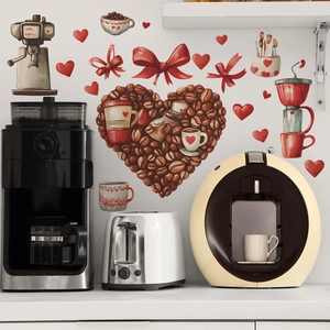 Coffee bean heart wall decals with cups and kettles for kitchen wall decoration