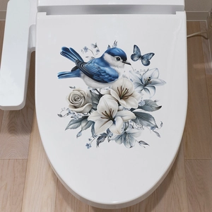 Détail d'autocollant floral pour toilettes avec martin-pêcheur et lys sur couvercle