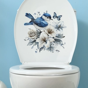 Sticker pour abattant de WC aquarelle avec oiseau bleu, lys blancs et décor floral