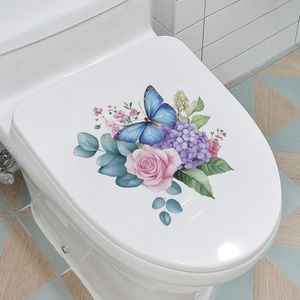 Colorful floral toilet sticker with pink rose and blue butterfly decoration for bathroom