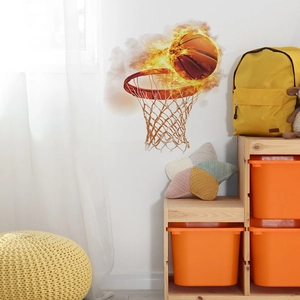 Creative flaming basketball and hoop wall decal for modern bedroom wall decoration
