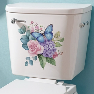 Floral watercolor toilet lid sticker with pink rose and blue butterfly design