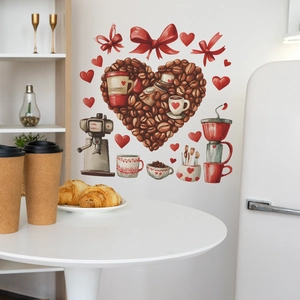 Coffee and heart themed wall stickers with espresso machines and beans for home cafe decor