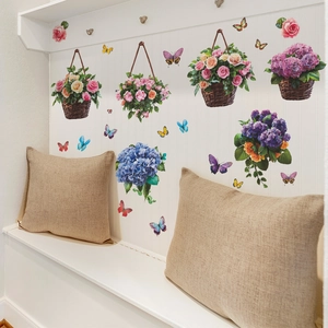 Floral wall stickers featuring hanging baskets, hydrangeas, and colorful butterflies for home decor