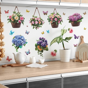 Floral wall stickers with flower baskets and butterflies for home wall decor