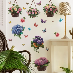 Aesthetic Flower Basket Rose Hydrangea Butterfly Wall Stickers PVC Decorative Wall Decals For Living Room Bedroom Home Decor