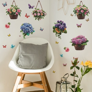 Floral wall decal set with flower baskets, roses and butterflies on white home wall