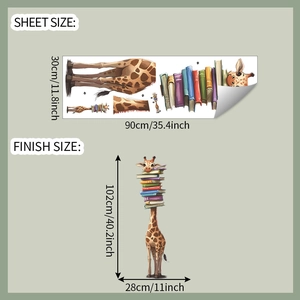 Detailed sheet and finish dimensions for cartoon giraffe wall stickers on olive backdrop