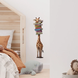 Cartoon giraffe wall sticker with colorful books for kids' bedroom and nursery wall decor