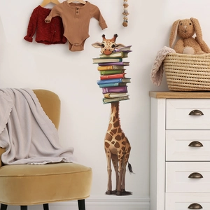 Cartoon giraffe with stacked books wall sticker for a cozy kids room and nursery wall decor