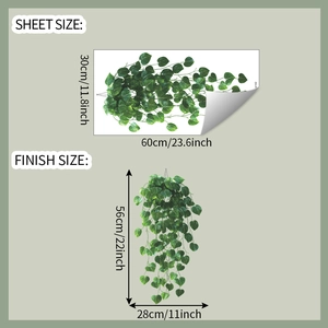 Detail of green leaf wall sticker showing sheet size 30x60cm and finish size 56x28cm