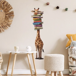 Cartoon giraffe wall sticker with colorful books for nursery and kids' room decor