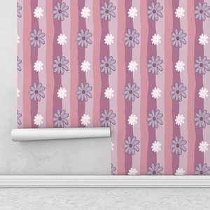 Pink and purple daisy floral stripe wall decal for bedroom and living room decor
