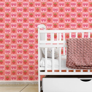 Sticker Mural Autocollant Damier Rose avec Fraise et Nœud Papier Peint Décoratif en PVC pour Chambre d'Enfant Décoration