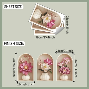 Dettaglio dimensioni adesivi murali 3D con archi beige e motivi floreali rosa per decorazione