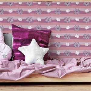Pink and purple striped wall stickers with small daisy floral patterns for bedroom decor