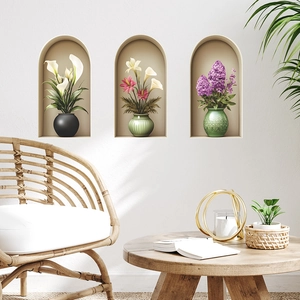 Stickers Muraux Vase de Fleurs Niche en Arche 3D Décalcomanies Murales Florales Réalistes pour Salon Chambre Maison Décor PVC