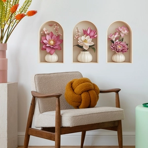 Adesivi murali 3D con fiori rosa e bianchi in vasi e sfondo decorativo con arco curvo