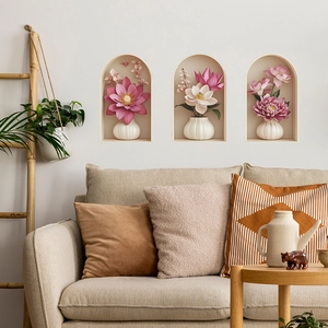 Adesivi Murali 3D Fiori di Loto Rosa Con Vaso Bianco Nicchia ad Arco in PVC Decalcomanie Murali per Soggiorno Camera da Letto Casa