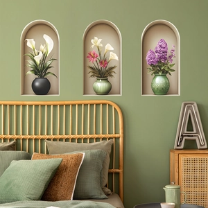 Stickers muraux 3D en trois pièces avec arches fleuries, lys et arums dans des vases