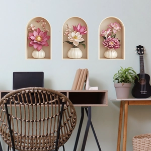 Adesivi murali 3D con fiori rosa in vasi per decorazioni domestiche moderne ed eleganti