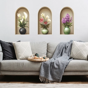 Set de stickers muraux 3D avec 3 vases floraux en arche pour déco salon moderne