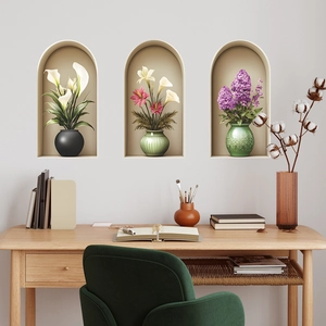 Stickers muraux 3D effet arches avec vases de fleurs pour décoration intérieure moderne