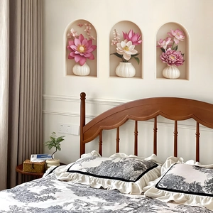 Adesivi murali 3D con loto rosa e vasi, design a nicchia ad arco per la camera da letto