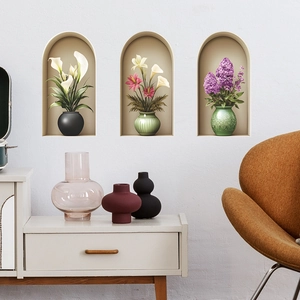 Stickers muraux 3D avec niches en arche et vases de fleurs pour la décoration de maison