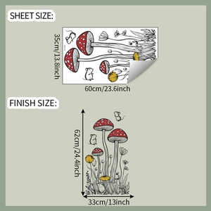 Detail of mushroom and mouse wall stickers showing sheet dimensions and finish size