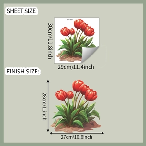 Detail showing dimensions of red tulip wall sticker sheet and finished layout size