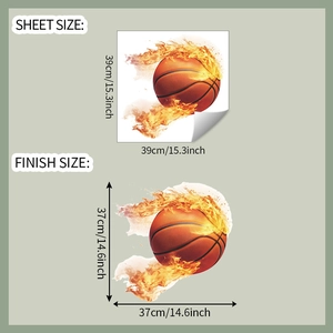 Détail montrant la taille de la feuille et le rendu final du sticker mural basket enflammé