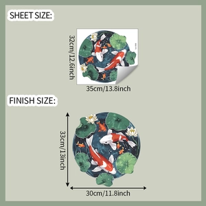 Detailed wall sticker size chart showing sheet dimensions and finished display size