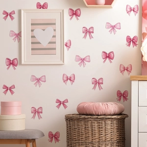 Cartoon Pink Bow Wall Stickers Gingham Gradient Bowknot PVC DIY Wall Decals For Girls Bedroom Nursery Decor