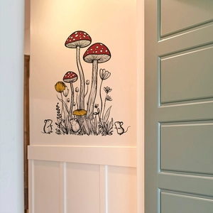 Creative mushroom and mice wall sticker set with vintage hand-drawn style for home decor