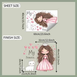Détails du sticker mural princesse dessin animé avec dimensions de la feuille