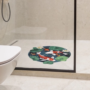 Chinese style round koi fish and lotus pond floor sticker for living room bathroom decor