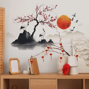Chinese landscape wall decal with cranes and red plum blossoms for home decoration