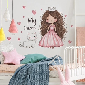 Sticker Mural Dessin Animé Princesse Chat Coeur PVC Autocollant Décalcomanie pour Chambre d'Enfant Filles Décoration Maison