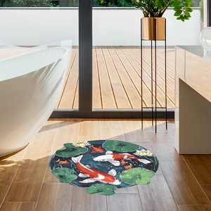 Japanese style round koi carp and lotus flower non-slip floor mat for bathroom decor