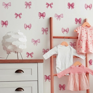 Pink cartoon bow wall stickers set for nursery bedroom decor with plaid and gradient designs