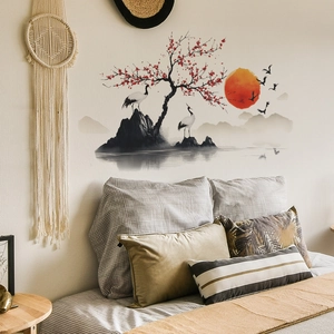 Traditional Chinese Ink Wash Landscape Wall Sticker Crane Plum Blossom Red Sun PVC Waterproof Decal For Home Decor